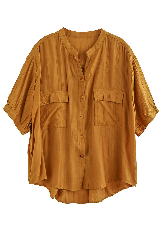 Italian Yellow V Neck Patchwork Button Solid Cotton Shirt Short Sleeve LY5091 - fabuloryshop