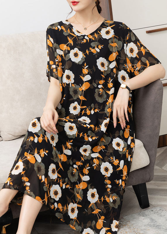 Italian Yellow V Neck Print Patchwork Chiffon Dresses Summer Ada Fashion