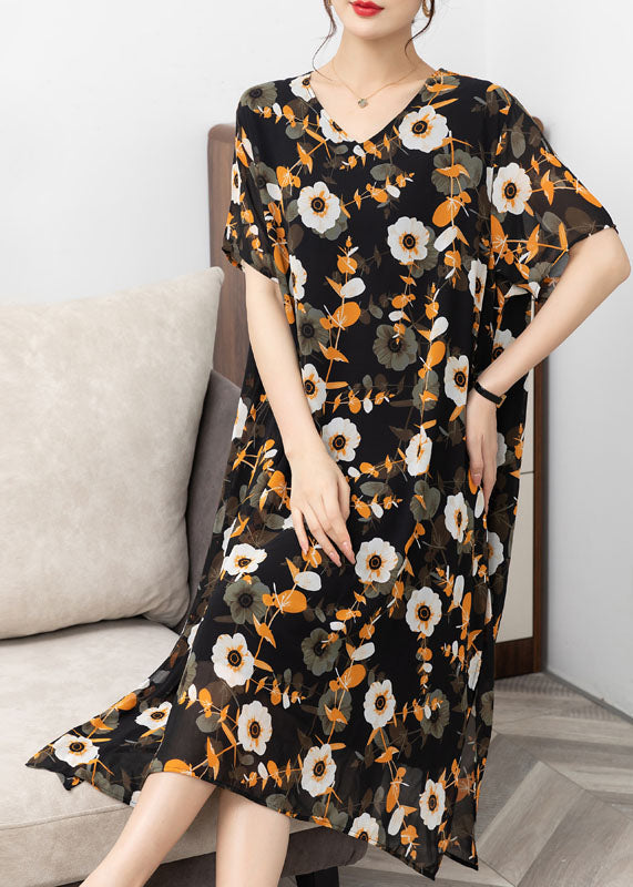 Italian Yellow V Neck Print Patchwork Chiffon Dresses Summer Ada Fashion
