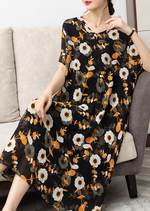 Italian Yellow V Neck Print Patchwork Chiffon Dresses Summer Ada Fashion