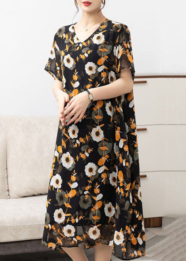 Italian Yellow V Neck Print Patchwork Chiffon Dresses Summer Ada Fashion