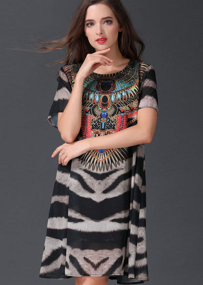 Italian Zebra Pattern O Neck Patchwork Chiffon Mid Dresses Summer LY6488 - fabuloryshop