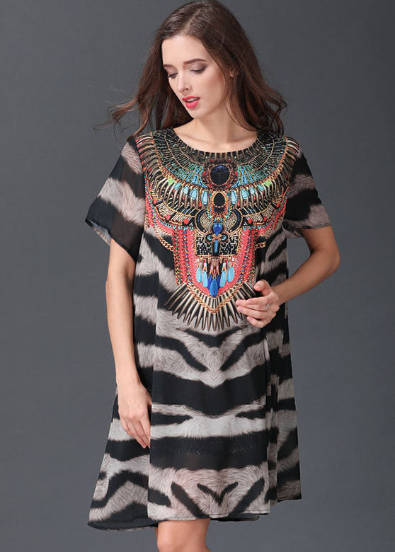 Italian Zebra Pattern O Neck Patchwork Chiffon Mid Dresses Summer LY6488 - fabuloryshop