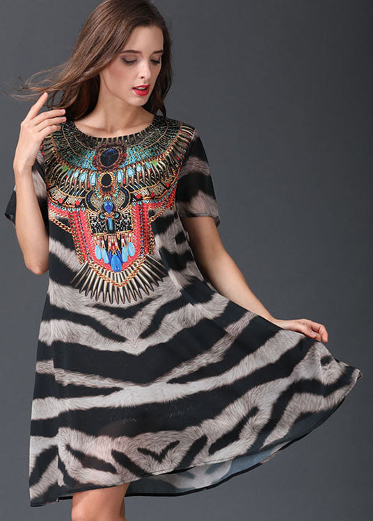 Italian Zebra Pattern O Neck Patchwork Chiffon Mid Dresses Summer LY6488 - fabuloryshop