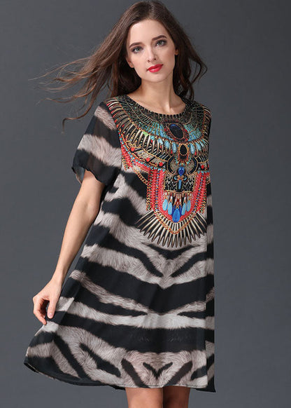 Italian Zebra Pattern O Neck Patchwork Chiffon Mid Dresses Summer LY6488 - fabuloryshop