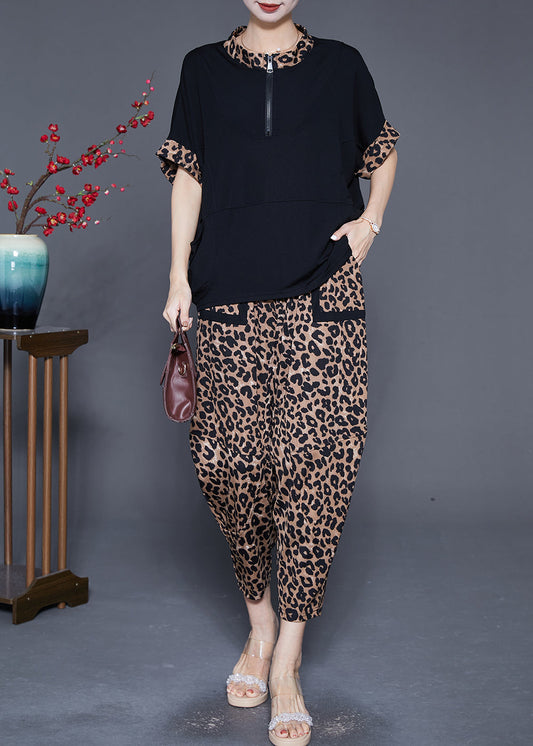 Italian Zip Up Patchwork Leopard Cotton Two Pieces Set Summer Ada Fashion