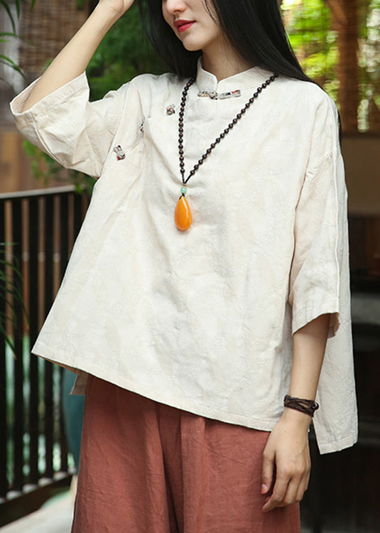 Jacquard Beige Stand Collar Button Cotton Top Fall Ada Fashion