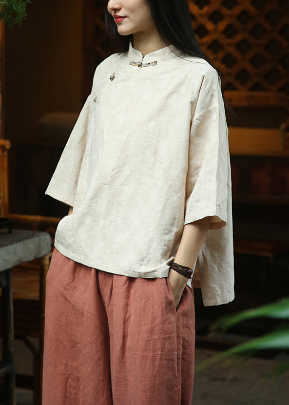 Jacquard Beige Stand Collar Button Cotton Top Fall Ada Fashion