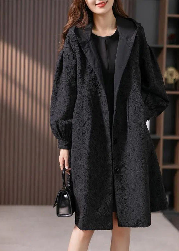 Jacquard Black Button Hooded Long Coats Jacket LY1741 - fabuloryshop