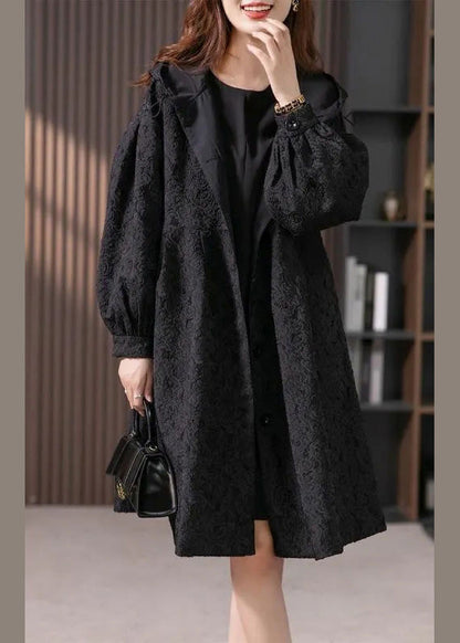 Jacquard Black Button Hooded Long Coats Jacket LY1741 - fabuloryshop