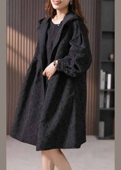 Jacquard Black Button Hooded Long Coats Jacket LY1741 - fabuloryshop