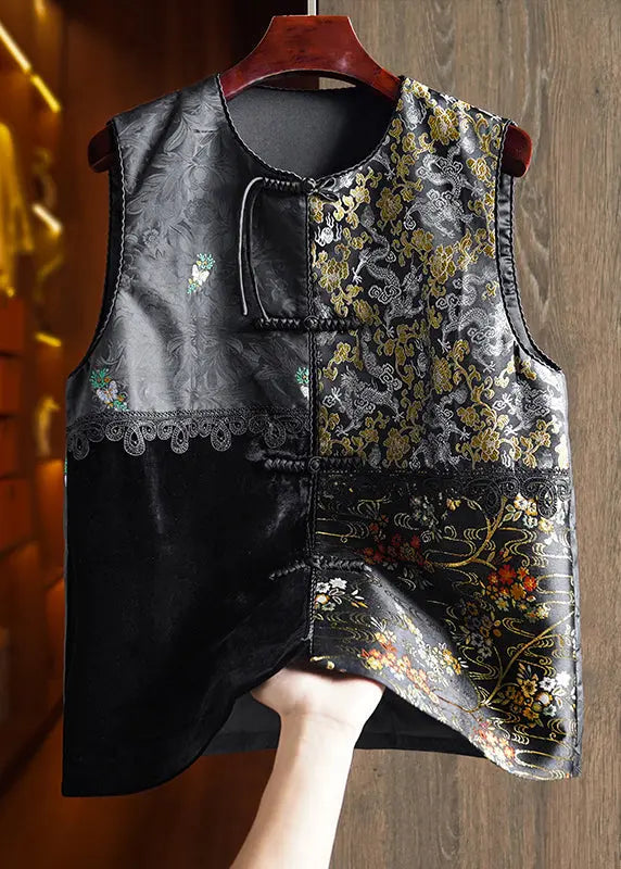 Jacquard Black Embroidered Button Patchwork Silk Velour Waistcoat Fall Ada Fashion