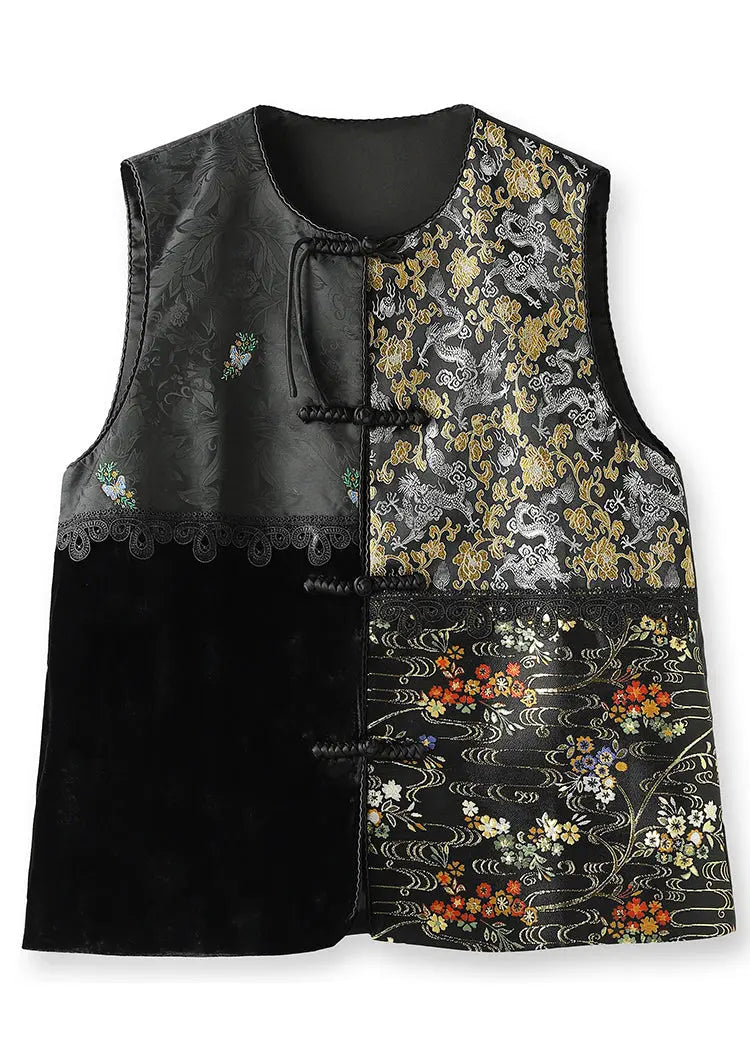 Jacquard Black Embroidered Button Patchwork Silk Velour Waistcoat Fall Ada Fashion