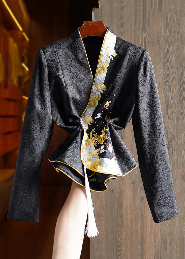 Jacquard Black Embroideried Button Patchwork Silk Tops Fall Ada Fashion