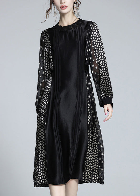 Jacquard Black O-Neck Patchwork Dot Party Long Dress Long Sleeve LY1047 - fabuloryshop