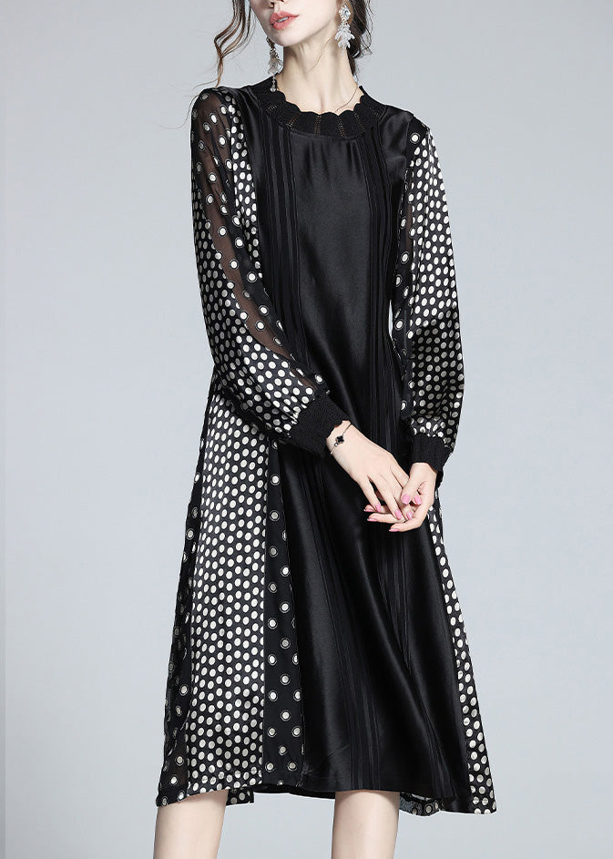 Jacquard Black O-Neck Patchwork Dot Party Long Dress Long Sleeve LY1047 - fabuloryshop