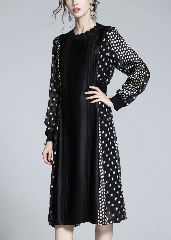 Jacquard Black O-Neck Patchwork Dot Party Long Dress Long Sleeve LY1047 - fabuloryshop