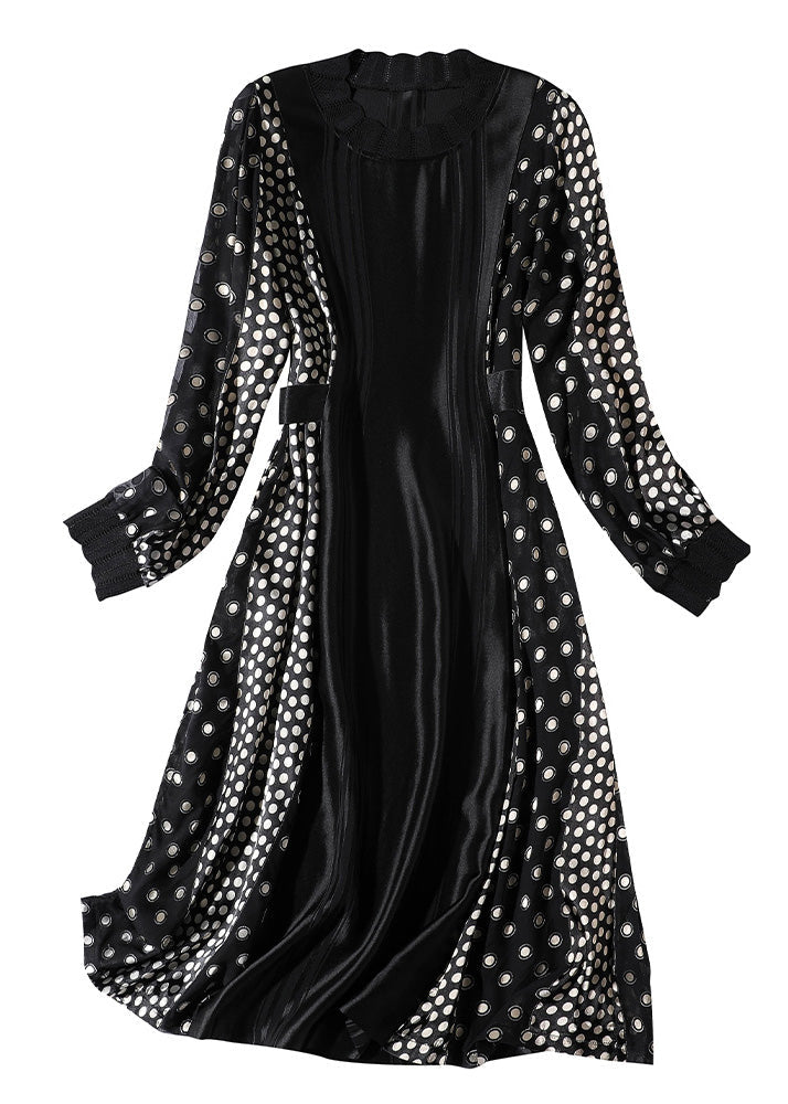 Jacquard Black O-Neck Patchwork Dot Party Long Dress Long Sleeve LY1047 - fabuloryshop