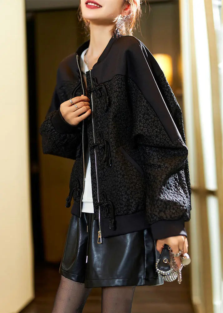 Jacquard Black O-Neck Zippered Pockets Coats Fall Ada Fashion