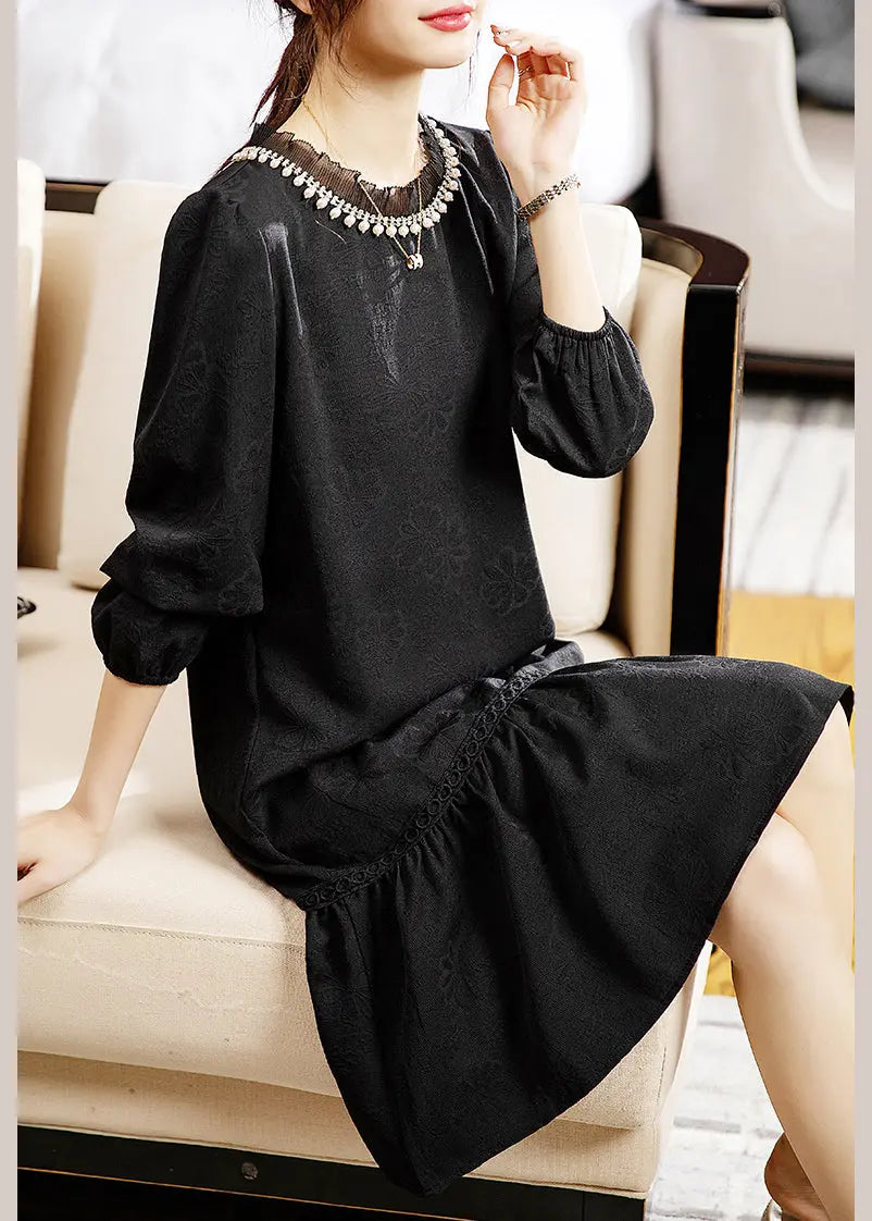 Jacquard Black Pearl Patchwork Cotton Mid Dress Fall Ada Fashion