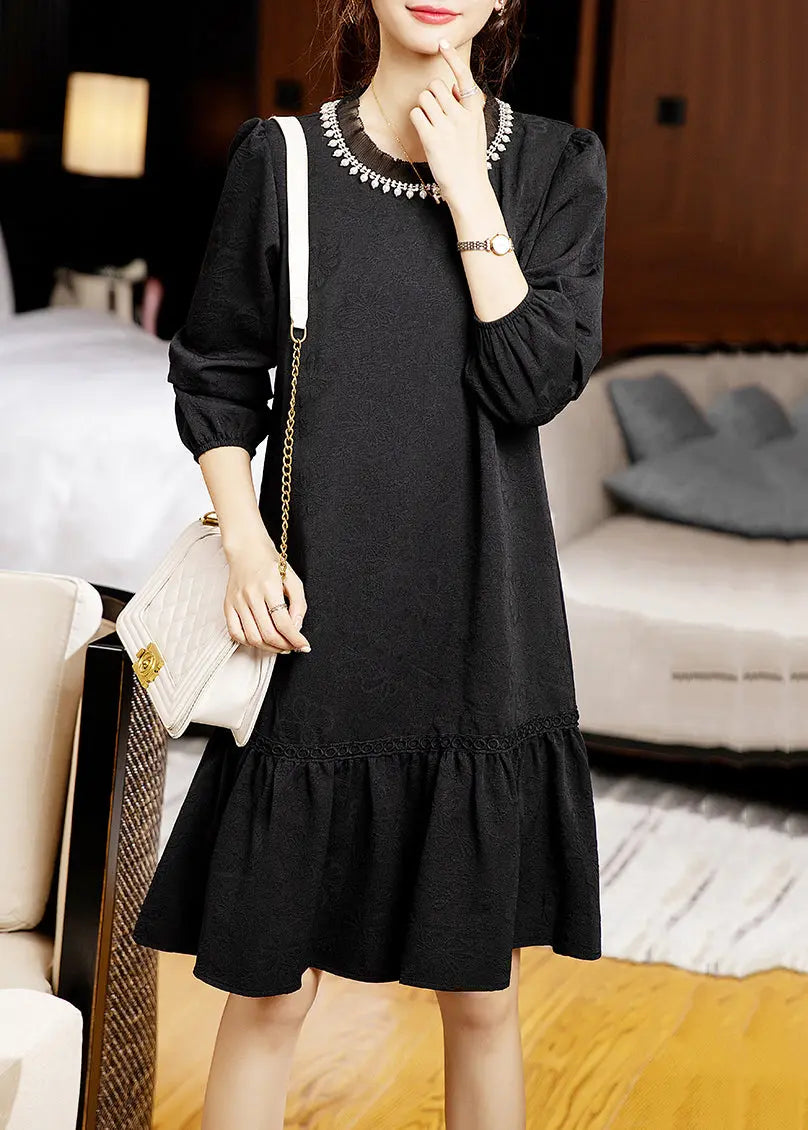 Jacquard Black Pearl Patchwork Cotton Mid Dress Fall Ada Fashion