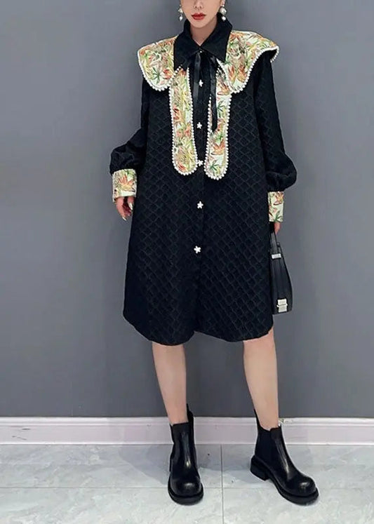 Jacquard Black Peter Pan Collar Patchwork Button Maxi Dress Long Sleeve Ada Fashion