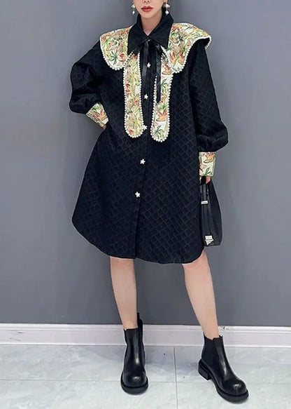 Jacquard Black Peter Pan Collar Patchwork Button Maxi Dress Long Sleeve Ada Fashion