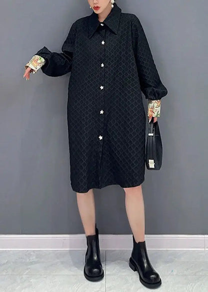 Jacquard Black Peter Pan Collar Patchwork Button Maxi Dress Long Sleeve Ada Fashion