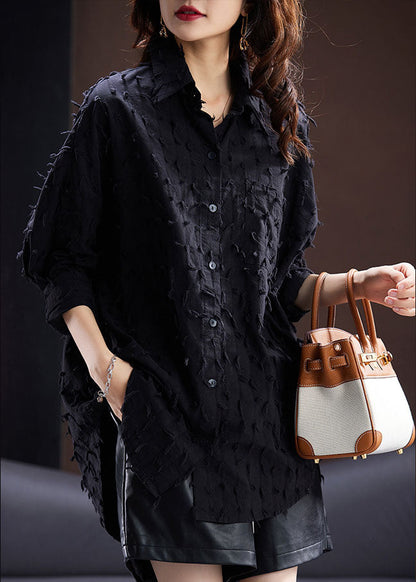 Jacquard Black Tassel Side Open Button Shirt Long Sleeve Ada Fashion