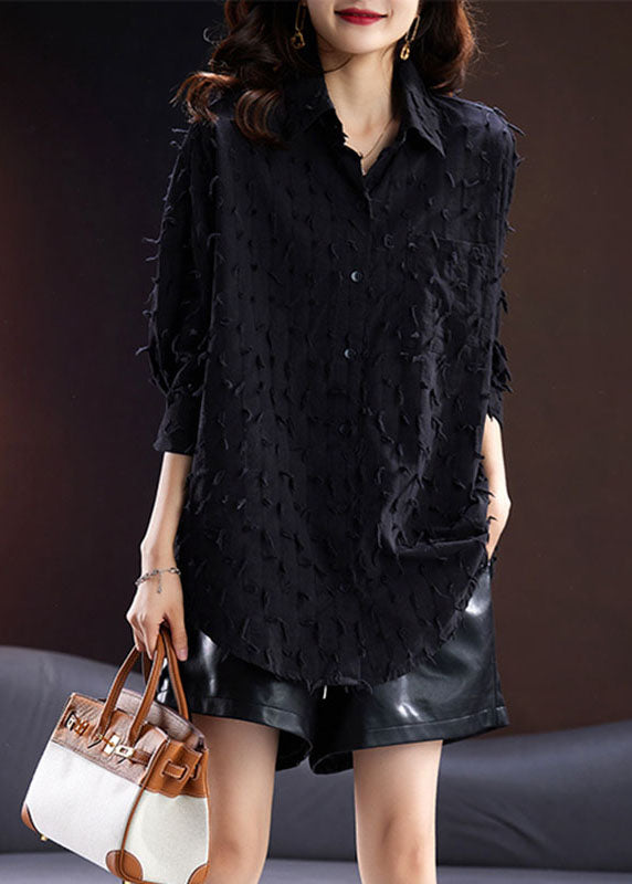 Jacquard Black Tassel Side Open Button Shirt Long Sleeve Ada Fashion