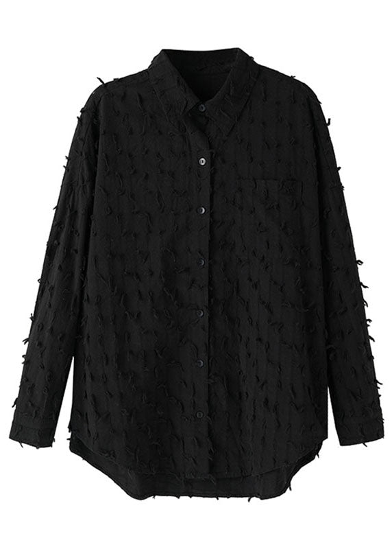 Jacquard Black Tassel Side Open Button Shirt Long Sleeve Ada Fashion