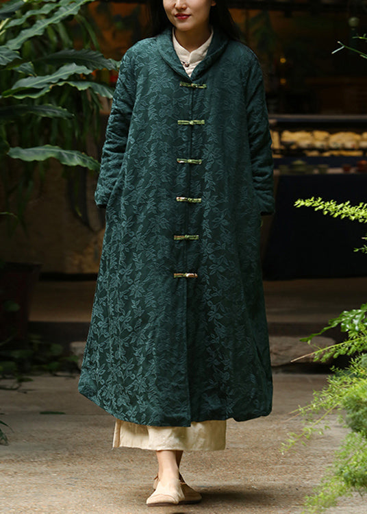 Jacquard Blackish Green Button Pockets Warm Fleece Long Coat Winter Ada Fashion