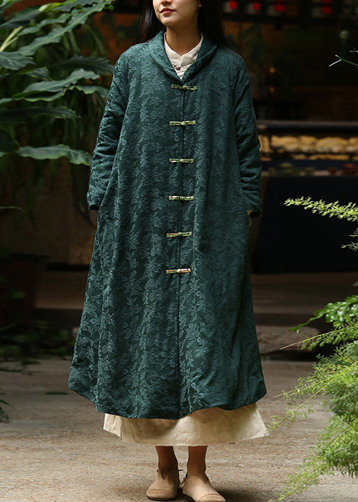 Jacquard Blackish Green Button Pockets Warm Fleece Long Coat Winter Ada Fashion