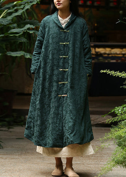 Jacquard Blackish Green Button Pockets Warm Fleece Long Coat Winter Ada Fashion