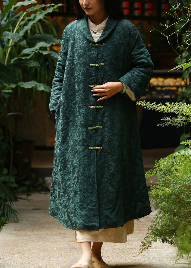 Jacquard Blackish Green Button Pockets Warm Fleece Long Coat Winter Ada Fashion