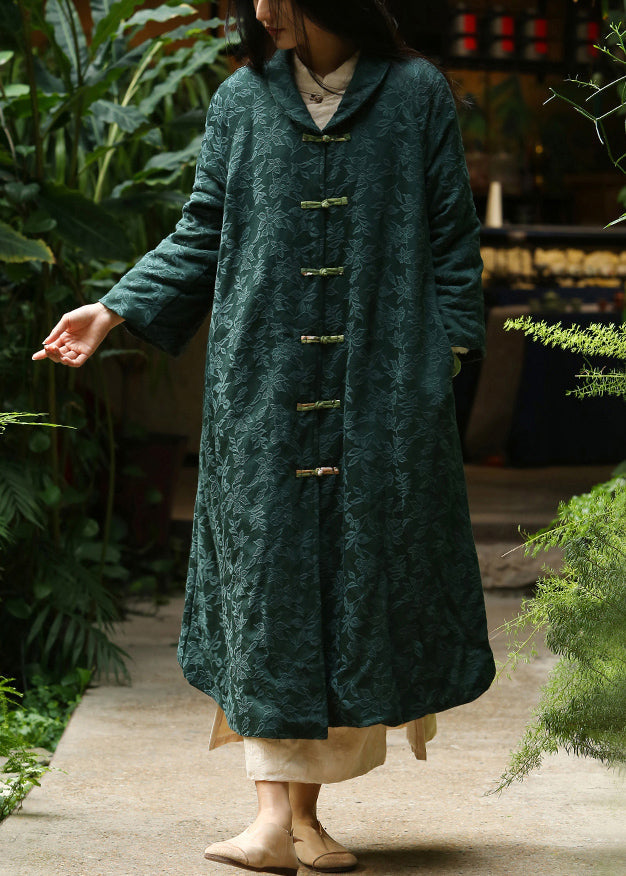 Jacquard Blackish Green Button Pockets Warm Fleece Long Coat Winter Ada Fashion