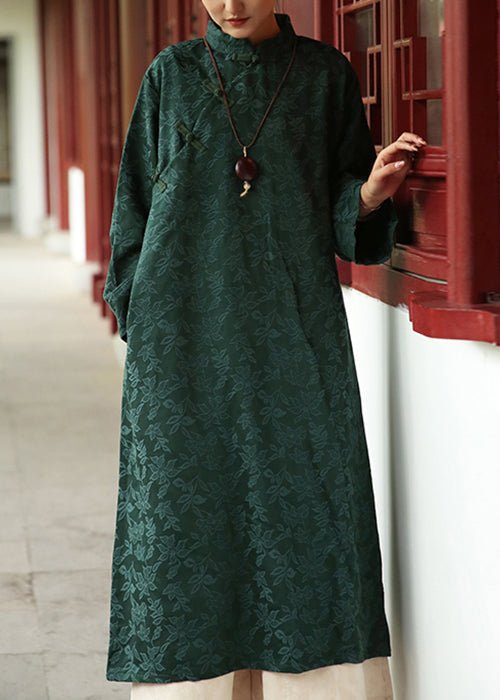 Jacquard Blackish Green Stand Collar Pockets Cotton Long Dresses Fall Ada Fashion