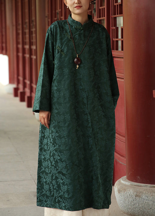 Jacquard Blackish Green Stand Collar Pockets Cotton Long Dresses Fall Ada Fashion