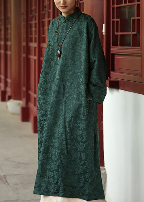 Jacquard Blackish Green Stand Collar Pockets Cotton Long Dresses Fall Ada Fashion