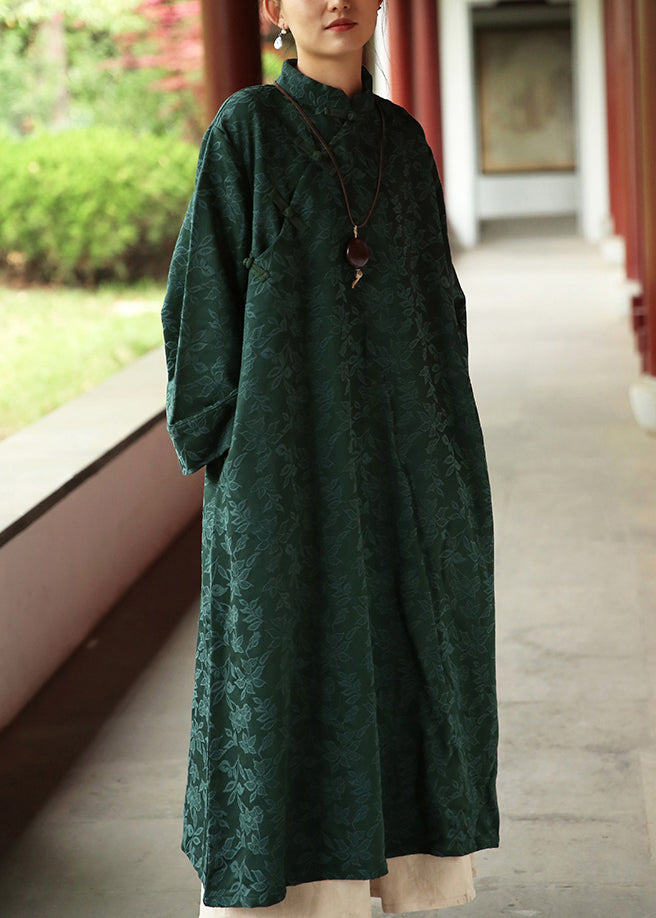 Jacquard Blackish Green Stand Collar Pockets Cotton Long Dresses Fall Ada Fashion