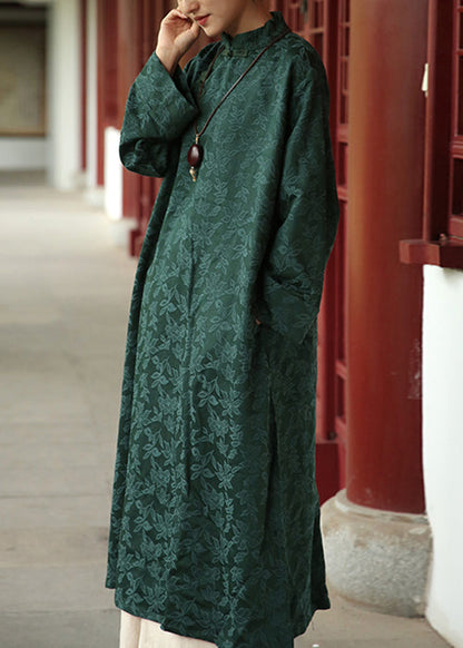 Jacquard Blackish Green Stand Collar Pockets Cotton Long Dresses Fall Ada Fashion