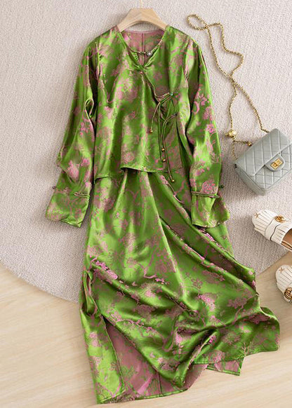 Jacquard Green Button Patchwork False Two Pieces Silk Dresses Fall Ada Fashion