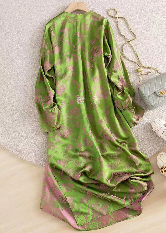 Jacquard Green Button Patchwork False Two Pieces Silk Dresses Fall Ada Fashion