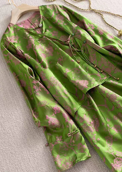 Jacquard Green Button Patchwork False Two Pieces Silk Dresses Fall Ada Fashion