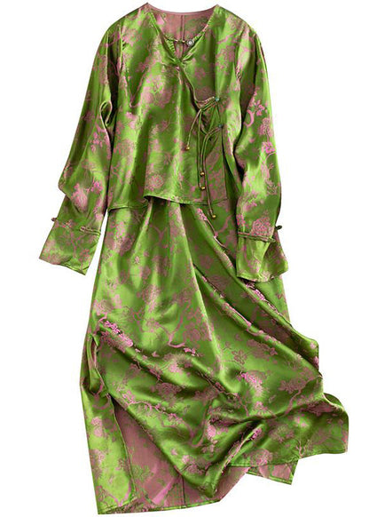 Jacquard Green Button Patchwork False Two Pieces Silk Dresses Fall Ada Fashion