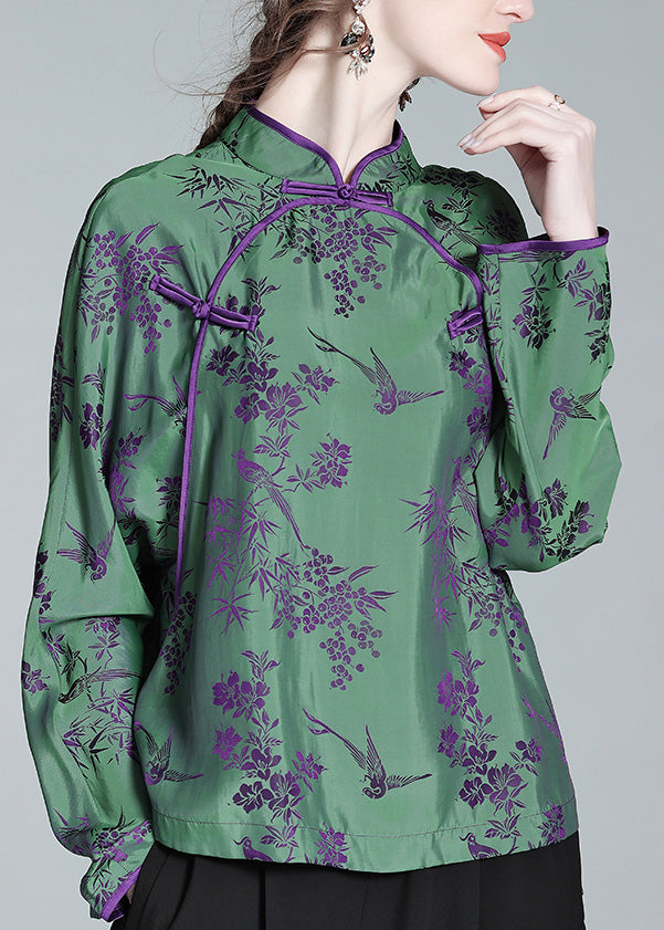 Jacquard Green Stand Collar Button Silk Shirt Spring LY0718 - fabuloryshop