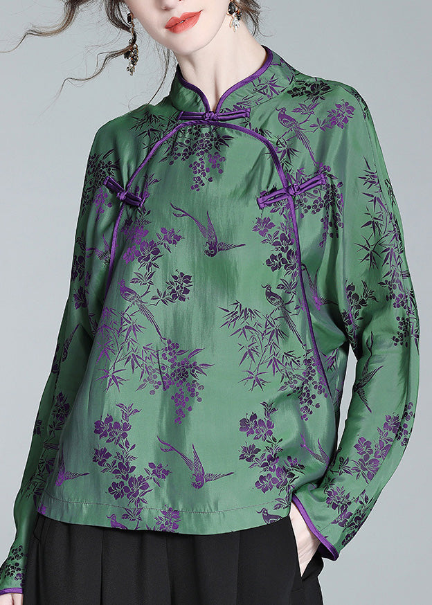 Jacquard Green Stand Collar Button Silk Shirt Spring LY0718 - fabuloryshop