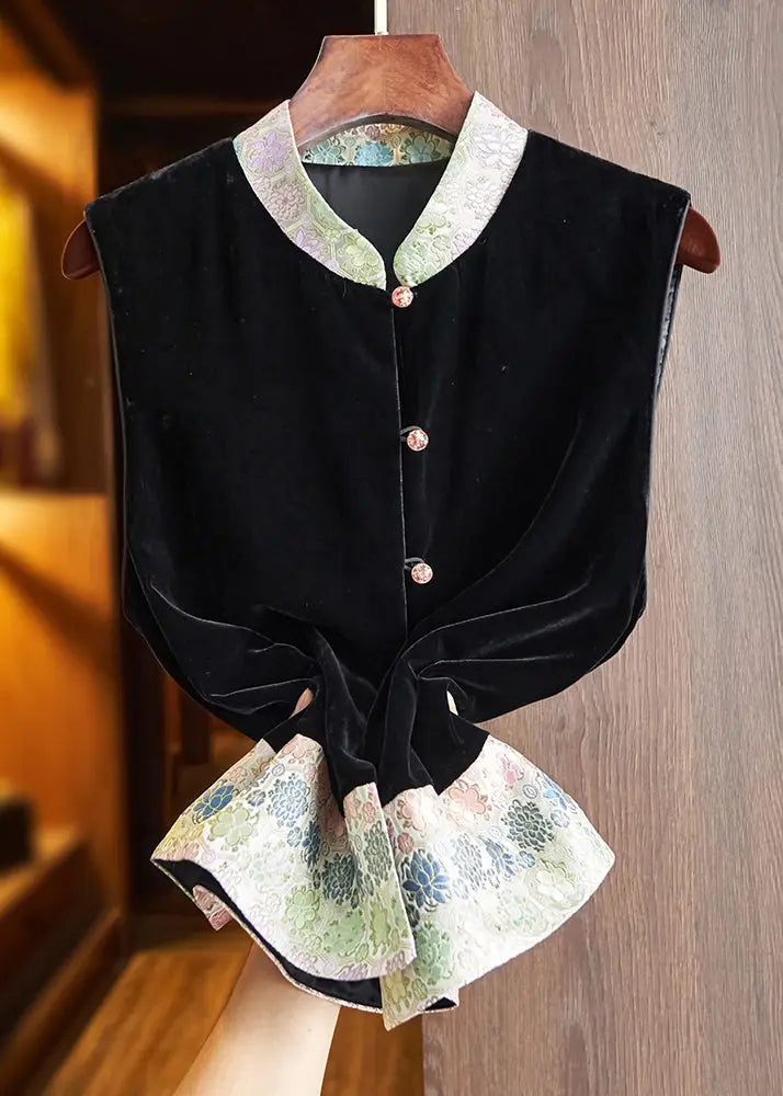 Jacquard Green Stand Collar Button Silk Velour Shirt Waistcoat Sleeveless Ada Fashion