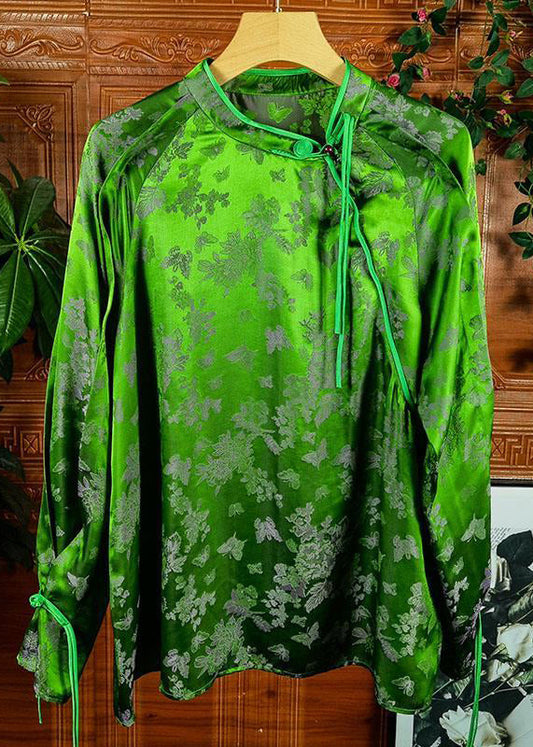 Jacquard Green Tasseled Button Patchwork Silk Shirts Fall Ada Fashion