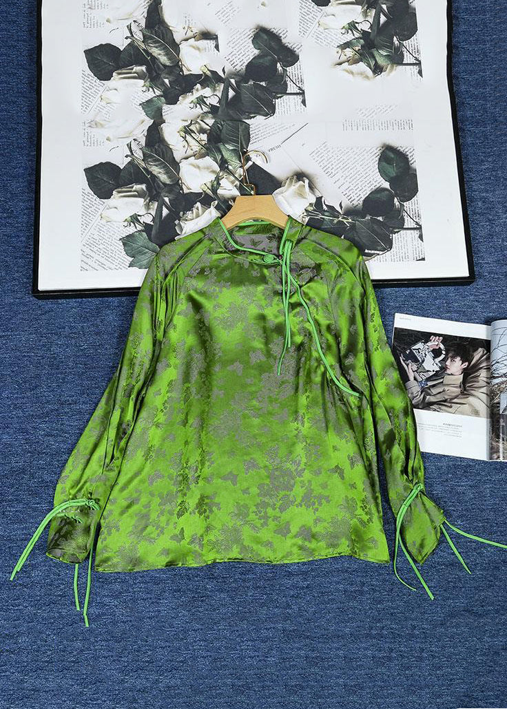 Jacquard Green Tasseled Button Patchwork Silk Shirts Fall Ada Fashion